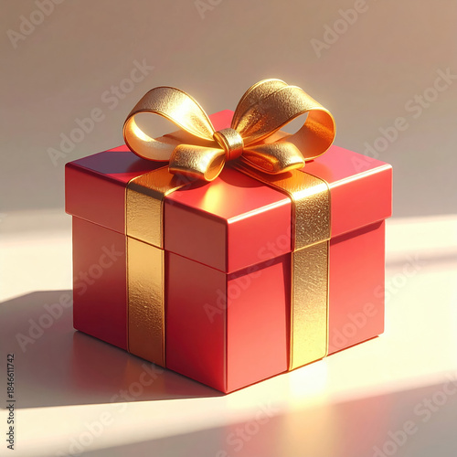 Beautifully wrapped red gift box with shiny golden ribbon and bow, casting soft shadow on light surface