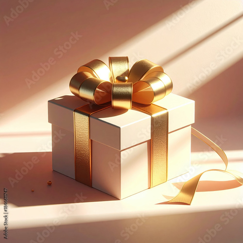 Beautifully wrapped gift box with golden ribbon sits in warm sunlight, creating festive and elegant atmosphere