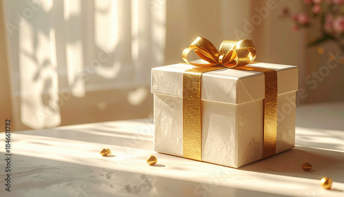 Beautifully wrapped gift box with golden ribbon sits on sunlit table, creating warm and inviting atmosphere