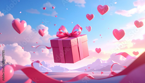 Pink gift box with ribbon floats among heart shaped balloons in dreamy sky, evoking sense of love and celebration