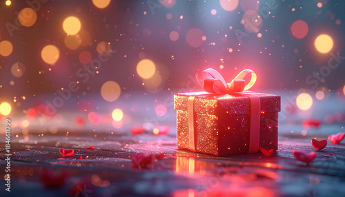 Beautifully wrapped gift box with ribbon sits on wooden surface, surrounded by glowing bokeh lights and scattered heart shaped confetti