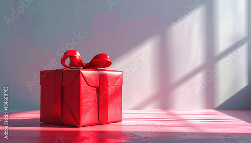 Red gift box with ribbon sits in sunlight, casting shadows on pink surface, creating festive and inviting atmosphere