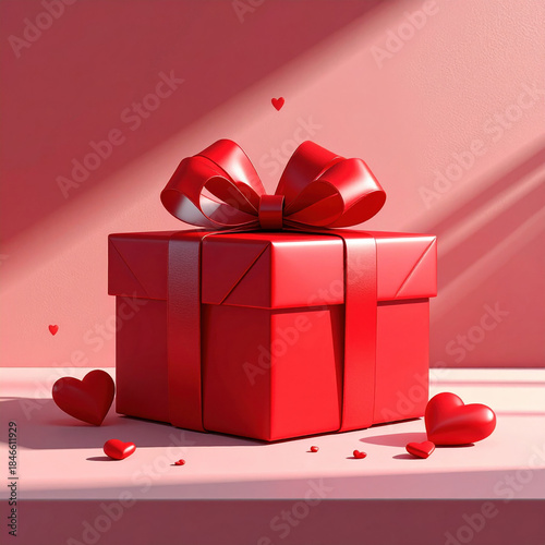 Red gift box with bow surrounded by small hearts on pink background, creating romantic atmosphere