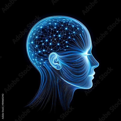 Glowing blue human head with neural network connections