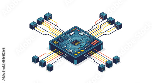 An isometric graphic of a central processing unit connected to multiple data nodes, symbolizing advanced computing, network architecture, and data transfer.