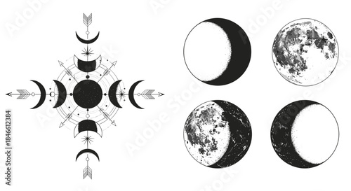 Esoteric set of moon phase illustrations including a mystical celestial compass and realistic detailed depictions of the lunar cycle.