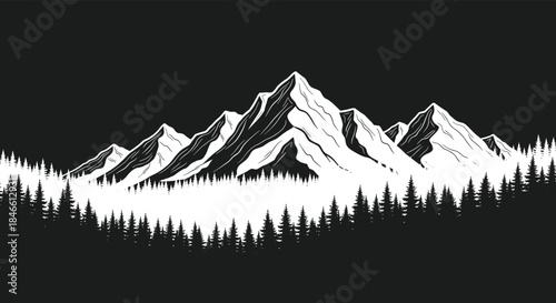 Monochromatic mountain landscape with snowy peaks and a dense pine tree forest drawn in a bold black and white graphic style.