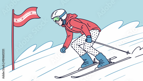 Skier in action on snowy slope with flag