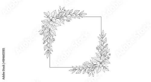 Elegant hand-drawn corner frame elements made from delicate flowers and leafy branches perfect for a minimalist wedding invitation design.