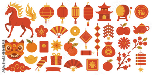 Chinese New Year elements illustrations vector set. Chinese Spring Festival traditional clipart collection. Asian traditional cute illustrations.