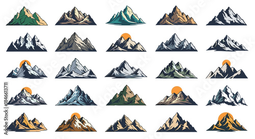 Large collection of mountain range logos and icons in various styles with elements like the sun for adventure and outdoor brands.