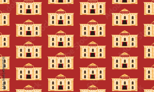 Seamless theatre pattern featuring classic theatre building architecture, cultural arts background illustration