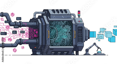 A sophisticated pixel-art machine efficiently processes incoming digital data, transforming it into organized cubic information blocks with robotic assistance.