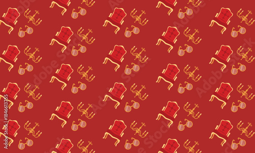 Seamless theatre pattern with stage chair, chandelier and opera glasses, classic performance background illustration