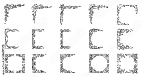 Large set of vintage decorative corner elements with ornate calligraphic swirls and flourishes for classic frames and border designs.