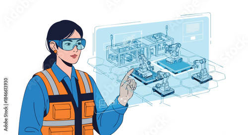 A female engineer wearing safety gear interacts with an advanced holographic interface, managing a smart factory's automated robotic systems and industrial processes.
