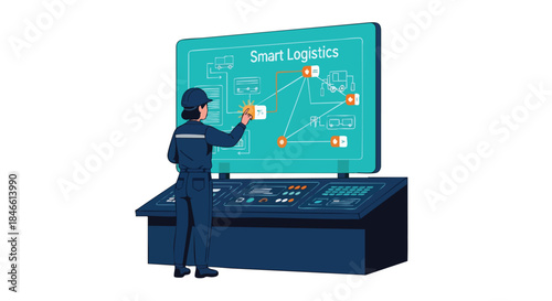 A technician in a blue uniform manages complex smart logistics operations on a large digital control panel, optimizing supply chain efficiency and modern freight management.