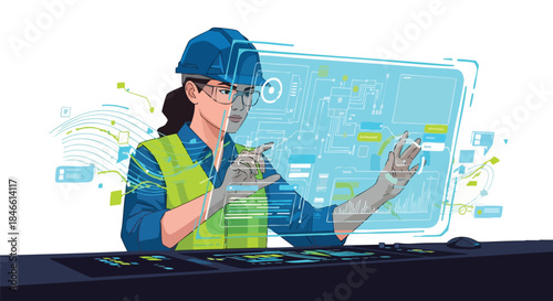 A female engineer in safety gear skillfully operates a futuristic augmented reality interface, visualizing complex digital blueprints for innovative project.
