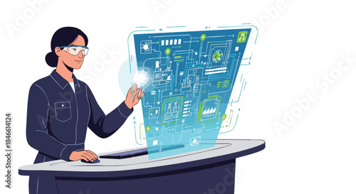 A female engineer interacts with a futuristic holographic interface displaying complex technological schematics and data.