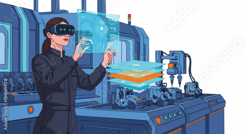 A woman in VR goggles interacts with a holographic interface in a futuristic factory setting, showcasing augmented reality technology.