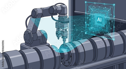 Advanced robotic arm powered by artificial intelligence precisely works on an industrial production line.