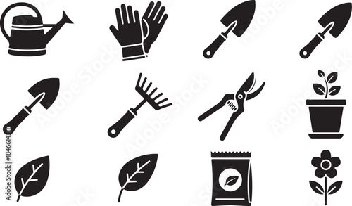 Gardening tools and icons for planting and growth