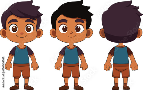 Three cartoon boys in blue and brown outfits standing side by side children blue shirt