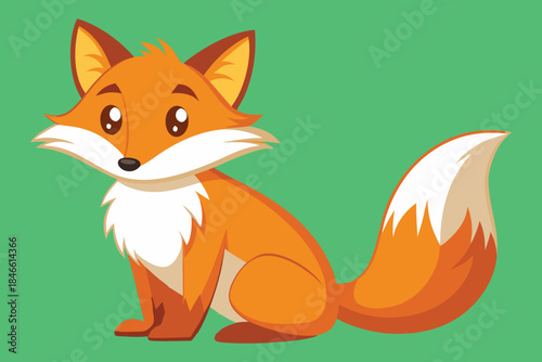 Cute cartoon fox with fluffy tail sitting on green background orange