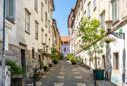 Picturestque Krizevniska ulica, with residential buildings and enriched by trees and plants, in Ljubljana city center, Slovenia