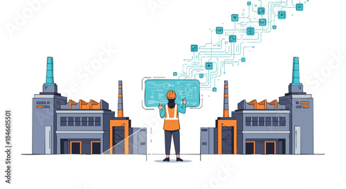 Engineer uses digital interface to control modern factory operations with advanced automation and data analytics for efficiency.