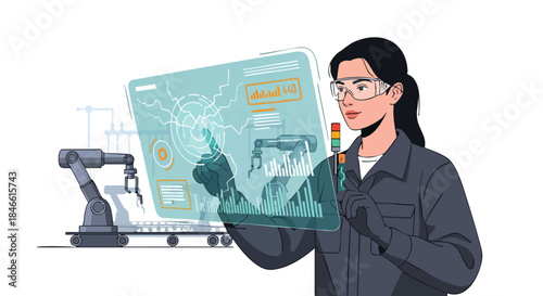 A female engineer wearing safety glasses operates a futuristic transparent display, managing complex industrial processes and robotic automation with advanced technology.