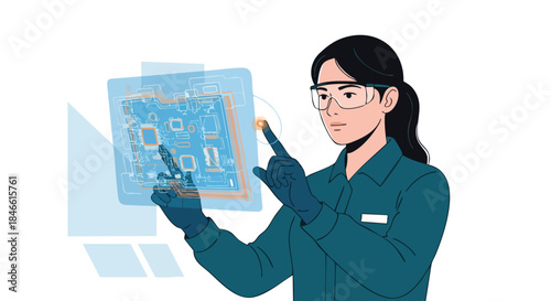 A skilled female engineer in protective gear meticulously interacts with an advanced holographic circuit board, symbolizing innovation and future technology development.