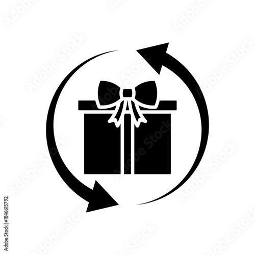 Gift black icon. Present with arrows. Surprise in box. Celebrate birthday. Give away. Thin line customizable illustration. Contour symbol. Vector isolated outline drawing. Editable stroke