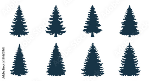 Set of eight dark blue fir and pine tree silhouettes representing various coniferous trees for creating forest and winter landscapes.