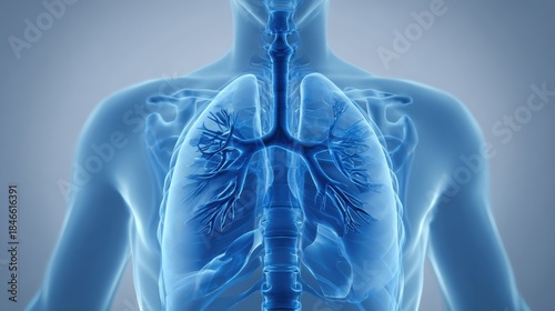 Detailed 3D rendering of human lungs and trachea, showing intricate bronchial tree structure