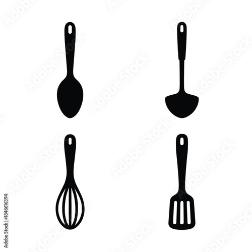 Collection of Four Black Silhouette Kitchen Utensils Spoon Ladle Whisk Spatula vector