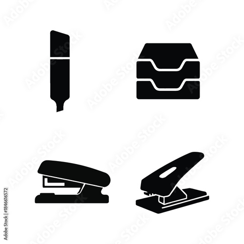 Office Supplies Icons Black Silhouettes on White Background illustration vector