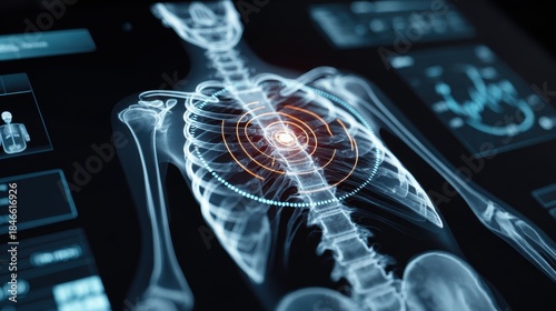 Digital medical scan of human chest showing glowing heart area with concentric circles