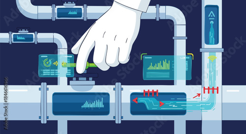 A gloved hand adjusts a valve in a futuristic industrial pipeline system with digital readouts.