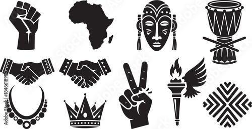 Vibrant African cultural symbols and icons in black
