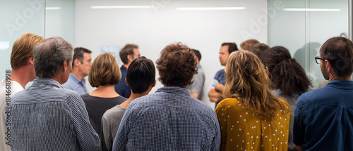 Informal team gathering, everyone leaning into frame, glass and white wall backdrop.