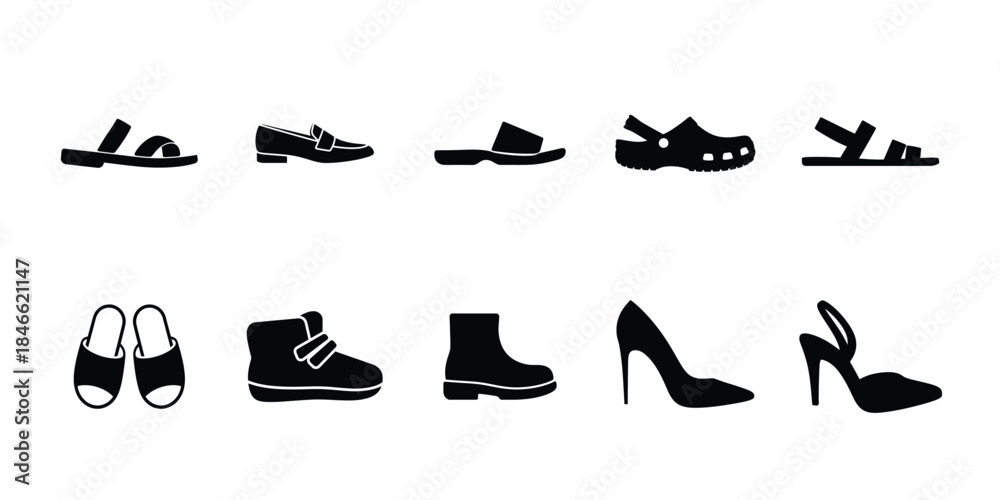 Obraz premium Footwear icons set, Flat black shoe silhouettes vector collection