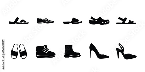 Footwear icons set, Flat black shoe silhouettes vector collection
