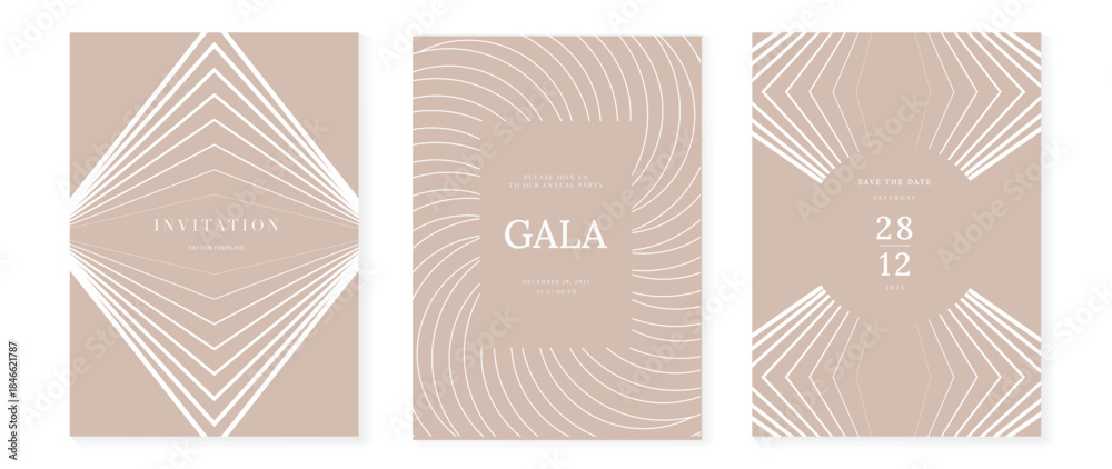 Naklejka premium Luxury art deco vector invitation card set with gold line geometric patterns on cream background. Elegant premium design for gala event wedding celebration poster and branding.