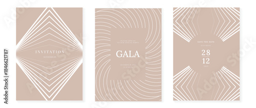 Luxury art deco vector invitation card set with gold line geometric patterns on cream background. Elegant premium design for gala event wedding celebration poster and branding.