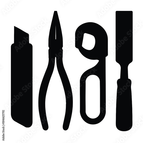 Four Black Silhouettes of Pliers, Box Cutter, and Chisel on White Background Keywords: box cutter, utility knife