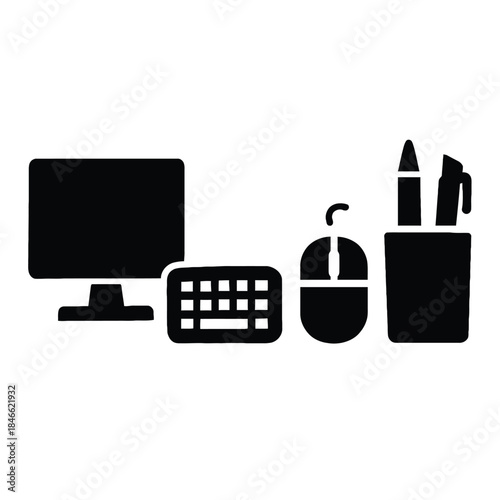 Computer Monitor Keyboard Mouse and Pen Holder Icon Set on White Background vector