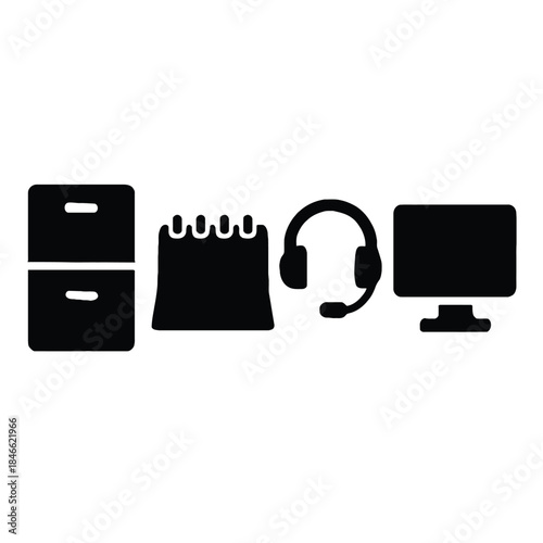 Office Icons Filing Cabinet Calendar Headphones Computer Monitor drawers planner
