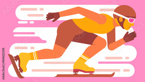Speed skater in motion on pink background with dynamic lines
