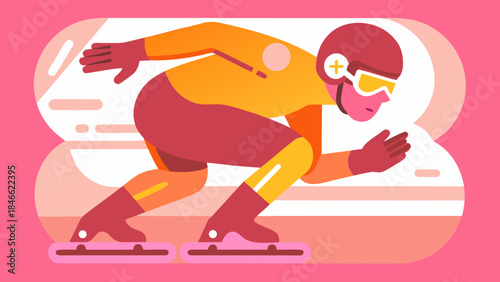 Speed skater in dynamic pose on pink background